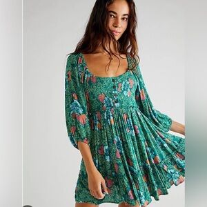 Free People Endless Summer Picnic Print Smocked Mini Dress Green Floral Size XS